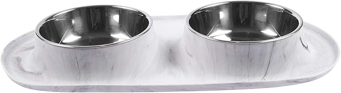 Messy Mutts Double Silicone Feeder with Stainless Bowls | Non-Skid Food Dishes for Dogs for All Pets | Dog Food Bowls | Large, 3 Cups Per Bowl | Marble