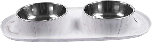 Messy Mutts Double Silicone Feeder with Stainless Bowls | Non-Skid Food Dishes for Dogs for All Pets | Dog Food Bowls | Large, 3 Cups Per Bowl | Marble