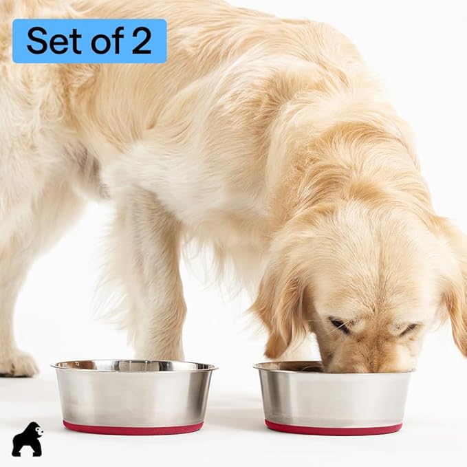 GORILLA GRIP Dog Bowls, Food Grade 304 Stainless Steel, Holds 2 Cups Each (16 fl oz) Food and Water Bowl for Feeding Dogs and Cats, Dishwasher Safe, Rust Resistant, BPA Free Rubber Base Set of 2 Red