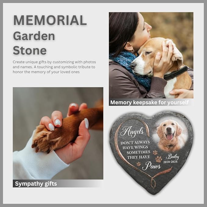 Wrappiness Pet Memorial Stone - Angels Sometimes Have Paws, Personalized Dog Memorial Gifts, Remembrance Condolences Bereavement Gifts for Loss of Pet Custom Photo (Heart 02, Stone with Stand)