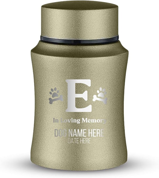 Customized Small Keepsake Urn Personalized Engraved with Pet Name, Date, and Dog Design - 4" Powder Coated Cremation Mini Compact Urn for Dogs Ashes | 5–10 Lbs Capacity | Washed Gold, Dog Bone and Paw