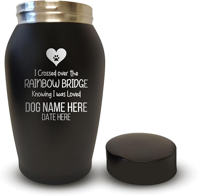 Personalized Custom Small Keepsake Urn Engraved with Pet Name, Date, and Dog Design - 5.2" Black Powder Coated Steel Cremation Urn for Dogs Ashes | 12-16 lb Capacity, Rainbow Bridge