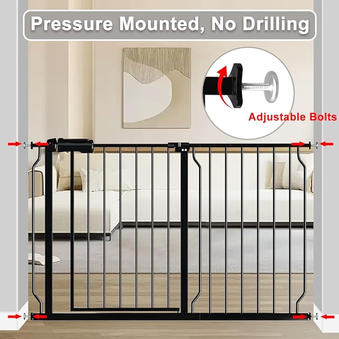 Fairy Baby Walk Through Baby Gate 38.5-43.5 Inch Wide for Stairs, Pressure Mounted Safety Gate with Door No Drill, Black Tension Metal Gate for Dog and Toddler