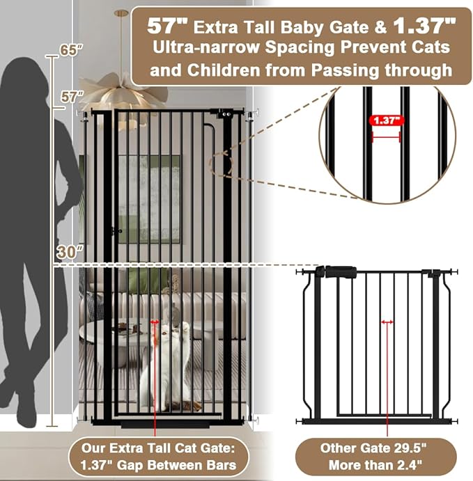57" Extra Tall Pet Gate for Cats Dogs-48.1"-52.7" Extra Wide Cat Gate for Doorways and Stairs-1.37" Ultra Narrow Spacing Pressure Mounted Dog Gate with One-Handed Operation(48.1"-52.7")