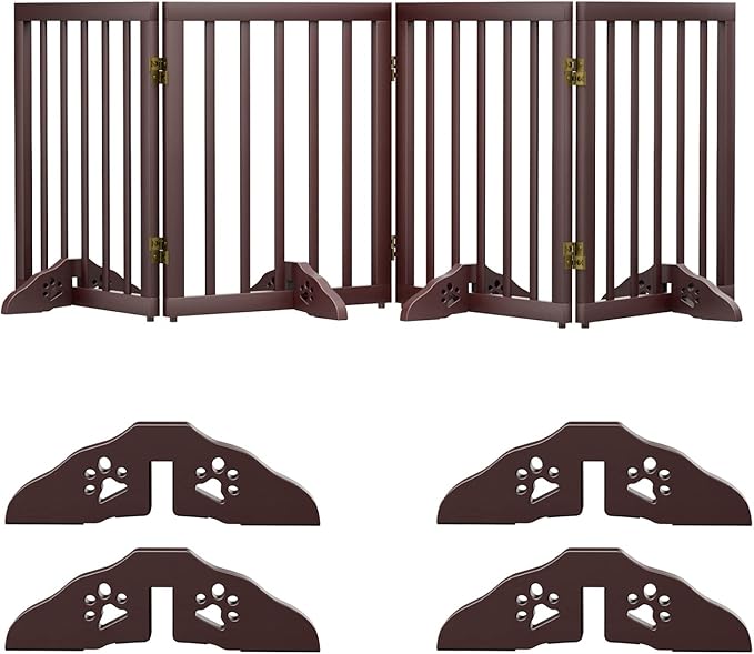 Semiocthome Freestanding Dog Gates for The House Extra Wide with 4 Panels and 4 Support Feet, 24" H Foldable Pet Gate for Stairs, Wooden Expansion Doggy Gates for Doorways, Fit Opening Up to 74" W