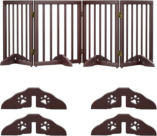 Semiocthome Freestanding Dog Gates for The House Extra Wide with 4 Panels and 4 Support Feet, 24" H Foldable Pet Gate for Stairs, Wooden Expansion Doggy Gates for Doorways, Fit Opening Up to 74" W
