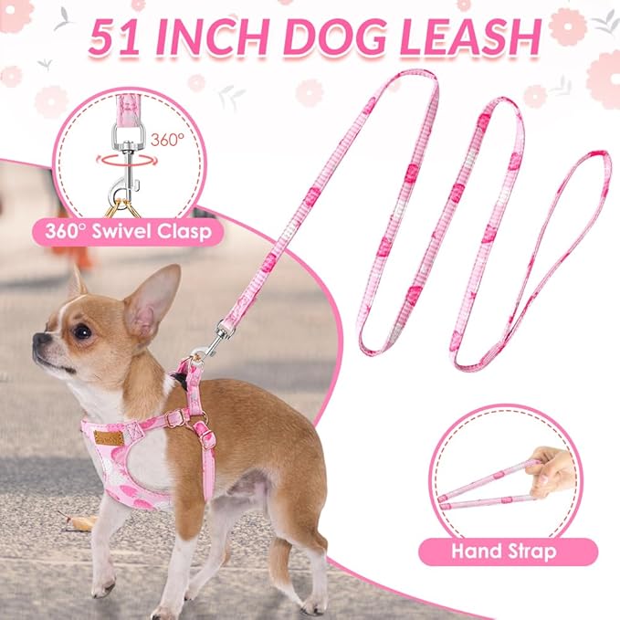 SlowTon No Pull Dog Harness with Leash - Soft Lightweight Floral Pattern Puppy Harness, Adjustable Pet Harness for Small Medium Dogs (Pink Strawberry, S)