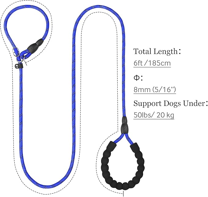TagME Slip Leads for Dogs that Pull, 6 FT No-Pull Training Leash with Lock, Escape-Proof Design, Reflective & Padded Handle for Small Dogs, Navy Blue
