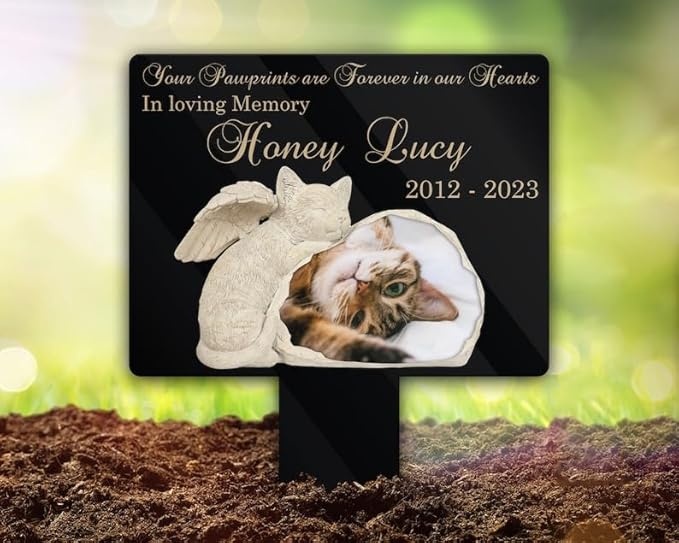 Personalized Cat Memorial Stake Custom Cat Photo Your Pawprints Are Forever In Our Hearts Metal 12x12 inch Dog Grave Marker Cat Loss Gift Sympathy Gift for Cat Lover (Style 17)