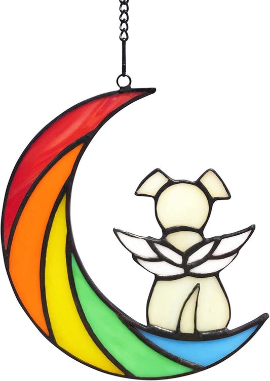 Stained Glass Rainbow Bridge Dog Memorial Gifts for Loss of Dog Sympathy Remembrance Suncatcher, Angel Wings Pet Loss Bereavement Gifts in Memory of Pet Passing Away Window Hanging.