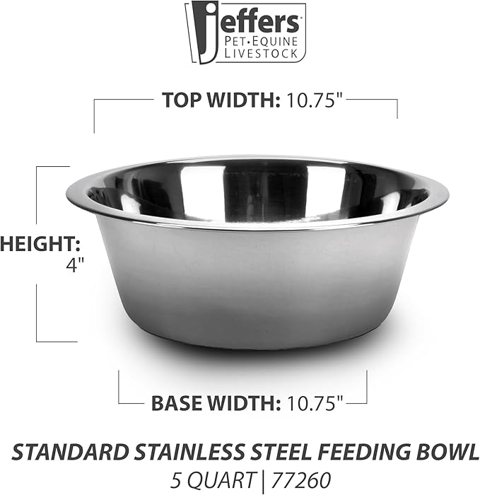INDIPETS Standard Feeding Dish: Pet Water and Food Bowl | 5 Quart, Stainless Steel (PN: 800012)