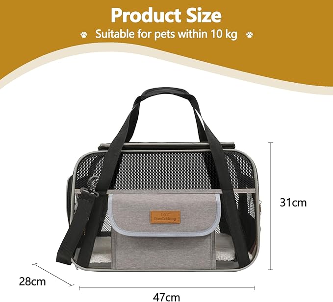 Pet Carrier, Airline Approved Small Dog Cat Carrier, Collapsible Travel Dog Bag, Dog Soft-Sided Carriers with Secure Zippers and Anti-Scratch Mesh(Light Grey)