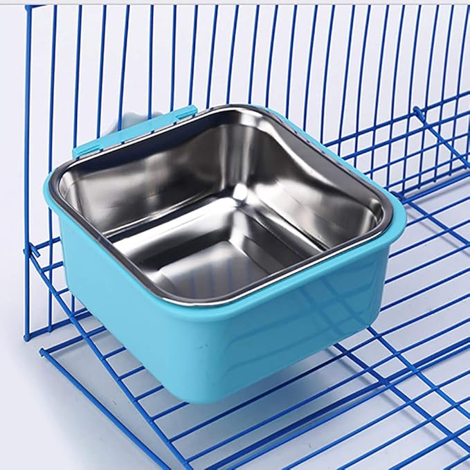 Love Dream Crate Dog Cat Bowls, Hanging Pet Cage Food Water Feeder with Removable Stainless Steel Bowls and Bolt Holder for Puppy Cat Rabbit Birds (Small, Blue)