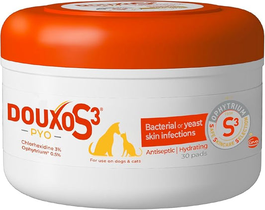 Douxo S3 Pyo Pads, Contains 3% Chlorhexidine & 0.5% Ophytrium, Antiseptic & Hydrating, For Bacterial or Yeast Skin Infections, For Dogs and Cats, 30 Pads