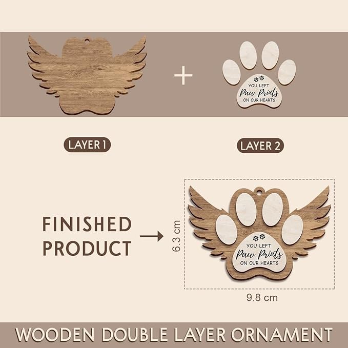 Angel Wings Paw Print Christmas Ornament – Pet Memorial Ornament for Dogs, Sympathy Gift for Bereaved Pet Owners, Remembrance Keepsake for Dog Lovers, Wooden Xmas Ornament