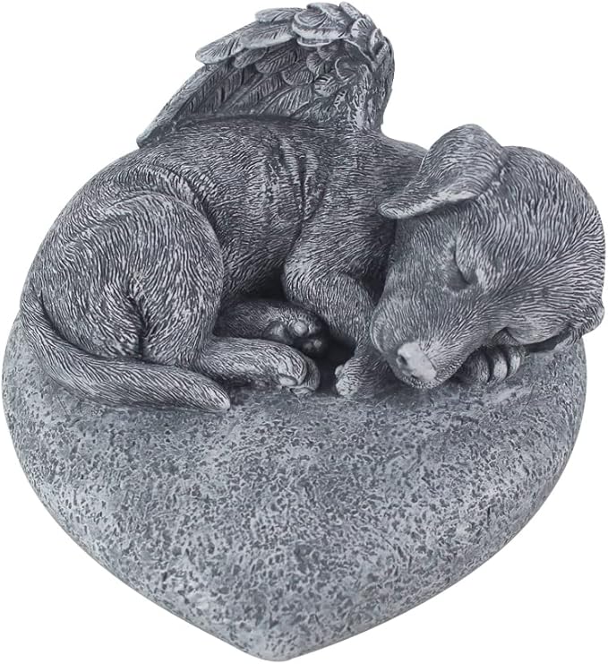 Personalized Angel Dog Statue Memorial Stones Grave Markers with A Sleeping puppy On the Heart-Shaped Stone-Dog Memorial Gifts for Loss of Dog.