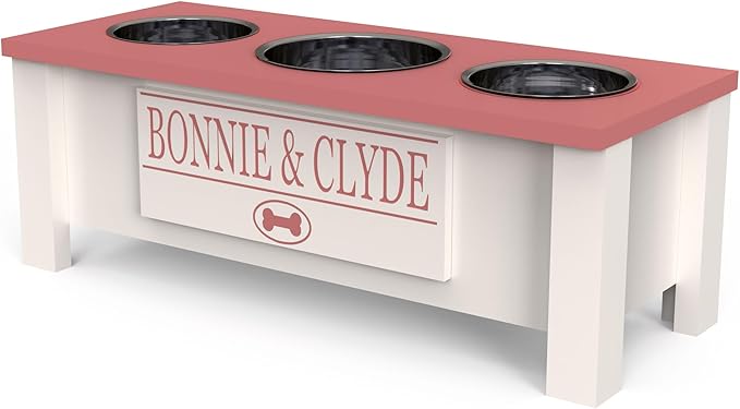 GTW Elevated 3 Bowl Dog Feeding Station - Customized Triple Stand for Medium Size Dog Breeds - Includes Storage & Stainless Steel Bowls (Medium, Pink)