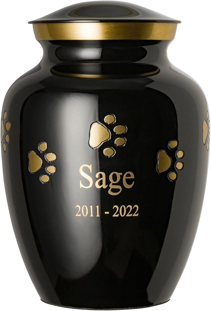 Ottillie Paws Premier Series Pet Urn for Dogs with Personalized Laser Engraving (Large - Pets up to 115 lbs, Ebony with Horizontal Brass Paws)