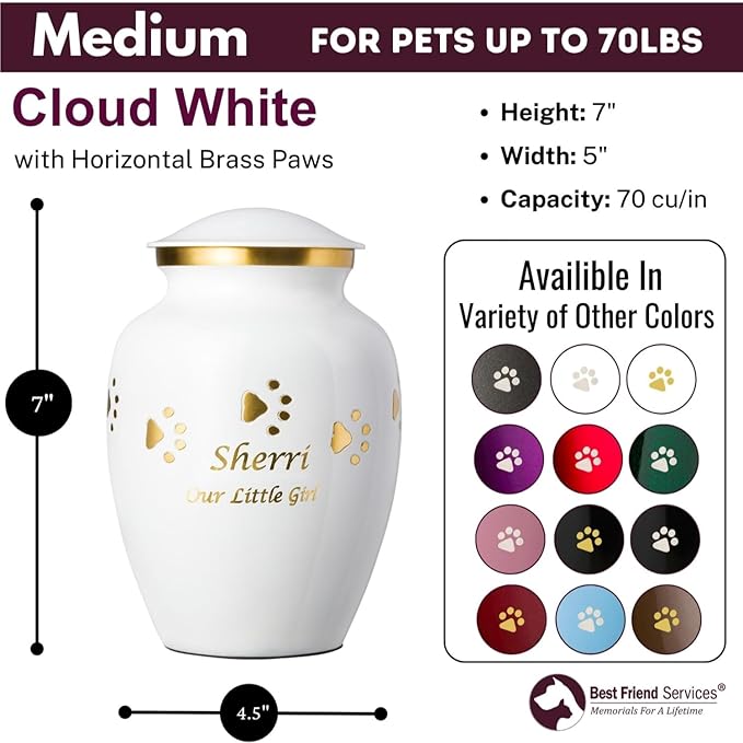 Ottillie Paws Premier Series Pet Urn for Dogs with Personalized Laser Engraving (Medium - Pets up to 65 lbs, Cloud White with Horizontal Brass Paws)
