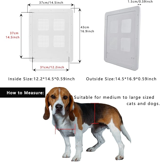 Dog Cat Door for Screen Door with Magnetic Flap Lockable, Magnetic Closure Sturdy Screen Pet Door for Existing Sliding Door, Window (L (Inside Size: 14.5"*12.2"), White)
