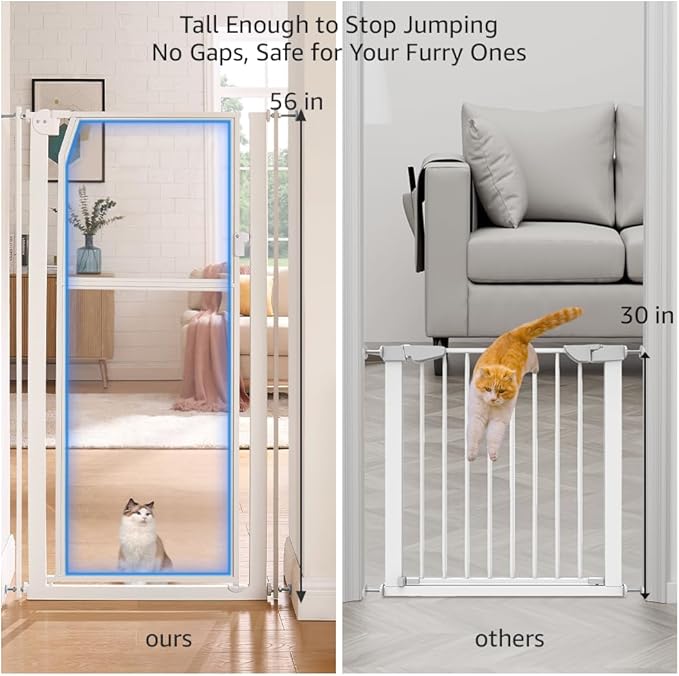 unipaws 56" Extra Tall Pet Gate, Clear Transparent Tall Cat Gate, 29.5-33.5" Wide No Drilling Pressure Mounted Dog Gate for Doorway, Hallway, Stairs, White