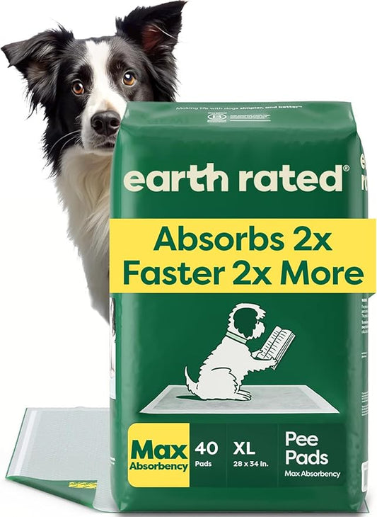 Earth Rated Puppy Pads, Max Absorbency Pee Pads for Dogs, Absorbs 2X Faster & 2X More, Leak Prevention, Potty Training, Fragrance-Free, Unscented, XL, 28” x 34”, 40 Count