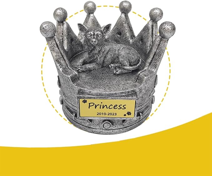 Crown-Shaped Chihuahua Memorial Pet Urns for Dogs Ashes Personalized with Name and Date, Chihuahua Statue Indoor Decorative