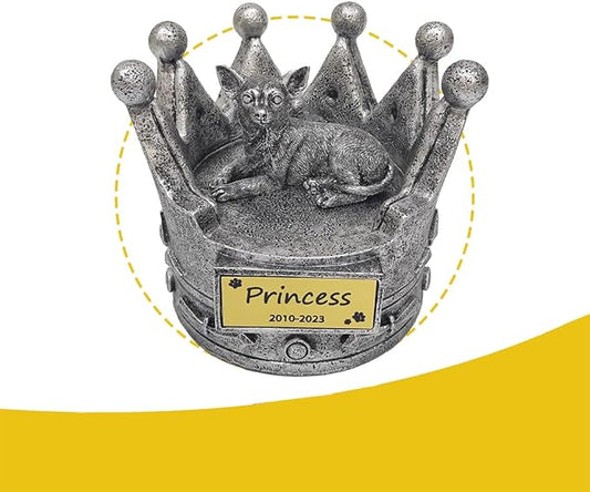 Crown-Shaped Chihuahua Memorial Pet Urns for Dogs Ashes Personalized with Name and Date, Chihuahua Statue Indoor Decorative