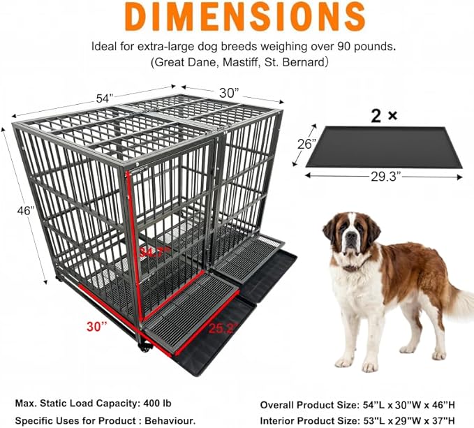 54 Inch Heavy Duty Dog Crate Cage with Wheels, Indestructible and Escape Proof Steel Kennel Indoor for High Anxiety Dogs with Sturdy Locks, Double Door and Tray, Extra Large XL XXL