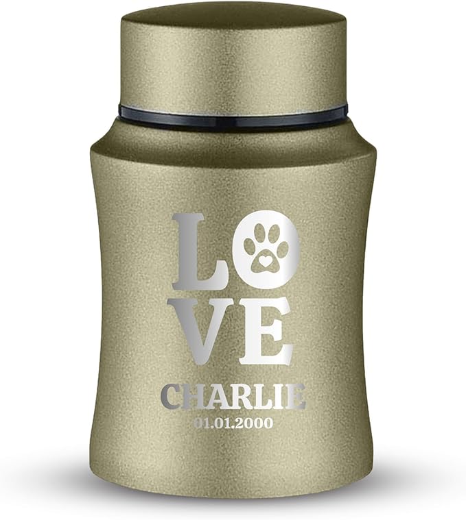Customized Small Keepsake Urn Personalized Engraved with Pet Name, Date, and Dog Design - 4" Powder Coated Steel Cremation Mini Compact Urn for Dogs Ashes | 5–10 Lbs Capacity | Washed Gold, Love Print