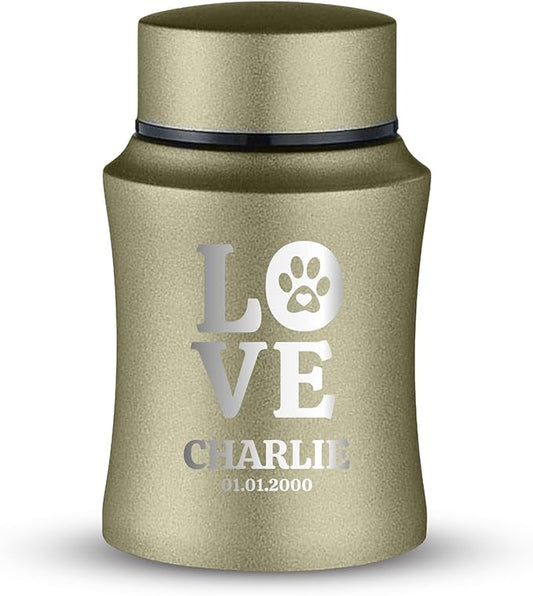 Customized Small Keepsake Urn Personalized Engraved with Pet Name, Date, and Dog Design - 4" Powder Coated Steel Cremation Mini Compact Urn for Dogs Ashes | 5–10 Lbs Capacity | Washed Gold, Love Print