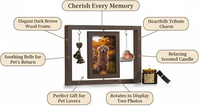 Dog Memorial Picture Frame As Pet Memorial Gifts - Rotating Wooden Frame for 4x6 Photo with Soy Candle, Dog Loss Sympathy Gift Set for Bereavement Remembrance, Remembrance Gift