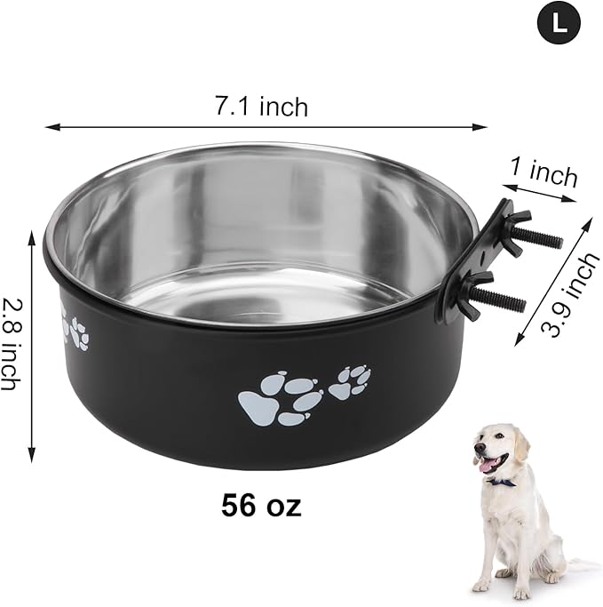 Dog Bowl Kennel Water Bowl Hanging Stainless Steel Pet Food Water Bowl Cage Feeding Cup Feeder for Medium and Small Dogs Cats (Black, Large 7.1")