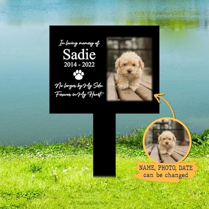 Personalized Dog Memorial Stake Custom Dog Cat Photo No Longer by My Side Metal 12x12 inch Pet Grave Marker Dog Loss Gift Sympathy Gift for Dog Lover (Style 9)