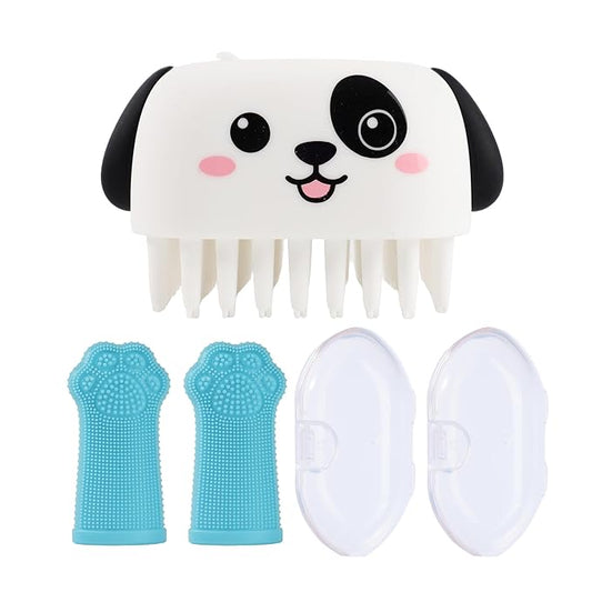 3PCS Pet Grooming Kit – Dog Bath Brush with Soap Dispenser & 2 Finger Toothbrushes | Silicone Dog Shampoo Brush for Dogs & Cats