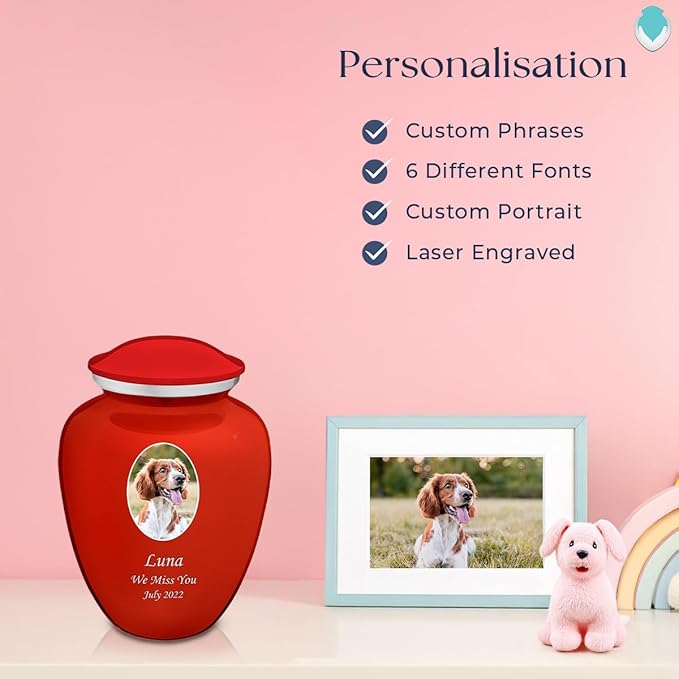 Geturns Embrace Personalized Picture Urn for Small Pets I Bright Red Photo Cremation Urns for Dogs and Cats I 44 lbs