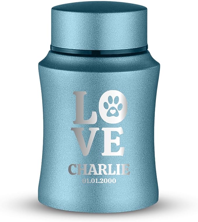 Customized Small Keepsake Urn Personalized Engraved with Pet Name, Date, and Dog Design - 4" Powder Coated Steel Cremation Mini Compact Urn for Dogs Ashes | 5–10 Lbs Capacity | Powder Blue, Love Print