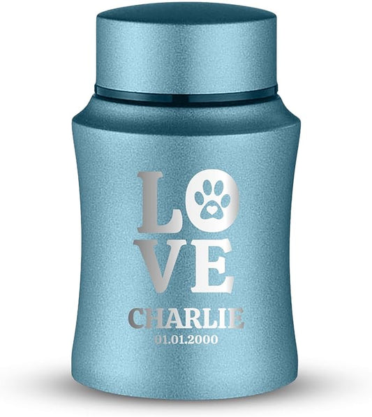 Customized Small Keepsake Urn Personalized Engraved with Pet Name, Date, and Dog Design - 4" Powder Coated Steel Cremation Mini Compact Urn for Dogs Ashes | 5–10 Lbs Capacity | Powder Blue, Love Print