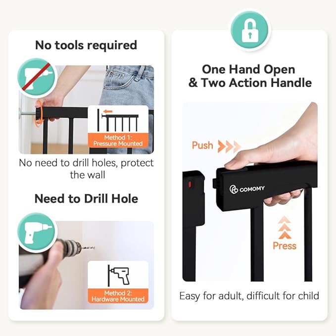 COMOMY 29.5-43.3" Safety Baby Gate Extra Wide, Auto Close Dog Gate for House Doorways Stairs, Pressure Mounted Easy Walk Through Pet Gate Child Gate, Includes 2.75" and 8.25" Extension, Black