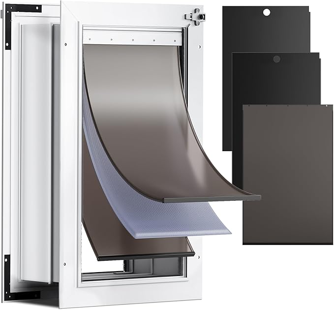 3-Flap Dog Door for Wall, Large Doggy Door, All Aluminum Heavy Duty Pet Door, Extreme Weather Doggie Door for Interior Exterior Wall, with Insulation Flaps & Lockable Closing Panels, Pets Up to 110LB