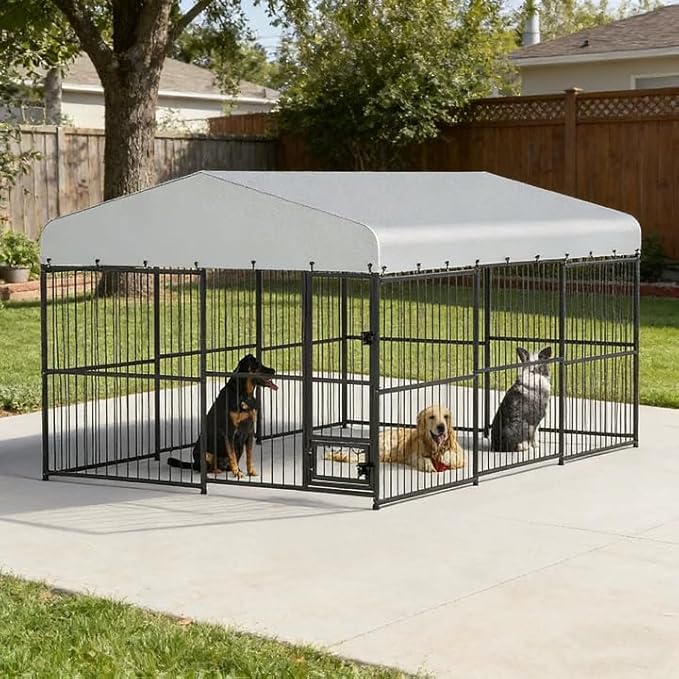 Garvee Dog Kennel Outdoor with Waterproof Canopy, Large Dog House with Feeding Doors, Large Dog Kennel Outdoor for Garden Backyard Courtyard（10×15×7FT）