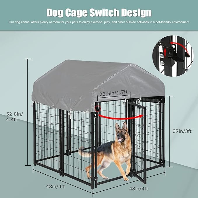 Large Dog Kennel Dog Crate Cage, Extra Large Welded Wire Pet Playpen with UV Protection Waterproof Cover and Roof Outdoor Heavy Duty Galvanized Metal Animal Pet Enclosure for Outside, 4 x 4 x 4.3 Feet