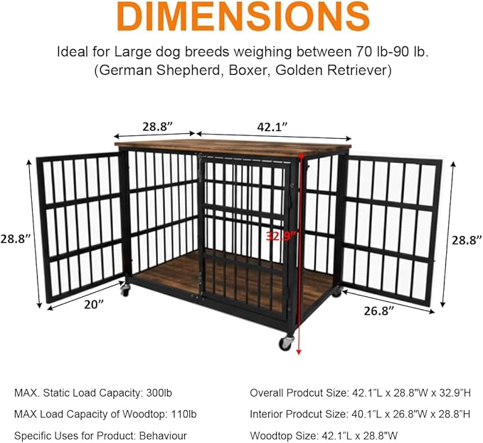 42" Dog Crate Furniture, Heavy Duty Dog Kennel Indoor for Large Dogs, Escape-Proof and Chew-Proof Wooden Dog Cage for high Anxiety Dog, Decorate House as TV Stand, End Table