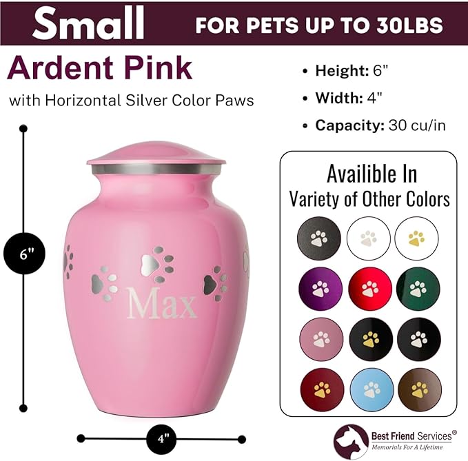 Ottillie Paws Premier Series Pet Urn for Dogs and Cats with Personalized Laser Engraving (Small - Pets up to 25 lbs, Ardent Pink with Horizontal Pewter Paws)