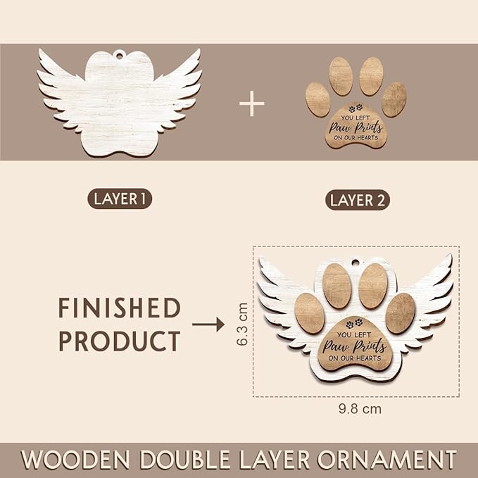 Pet Memorial Ornament, White Christmas Decor, Gifts for Loss of Dog, Angel Wings Wooden Ornaments, You Left Paw Prints on Our Hearts, Dog Passing Away Gift, Puppy Heaven