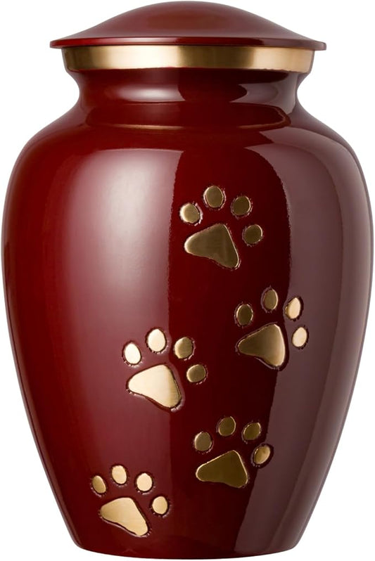 Ottillie Paws Legacy Series Pet Urn for Dogs and Cats, Handmade Brass Memorial Cremation Urn (Small - Pets up to 25 lbs, Crimson, Vertical Brass Paws)