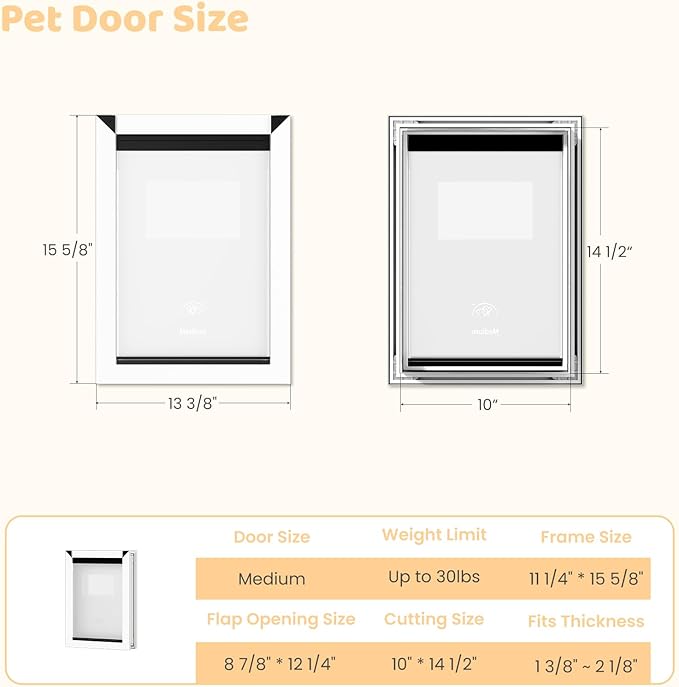 HARDLIGHT Aluminum Frame Doggie Door - Up to 30 LBS, Double Soft Flaps with Magnetic Closure, Adjustable Telescoping Tunnel Doggy Door with 2 Sliding Panels, Easy Install, Snow White, Medium
