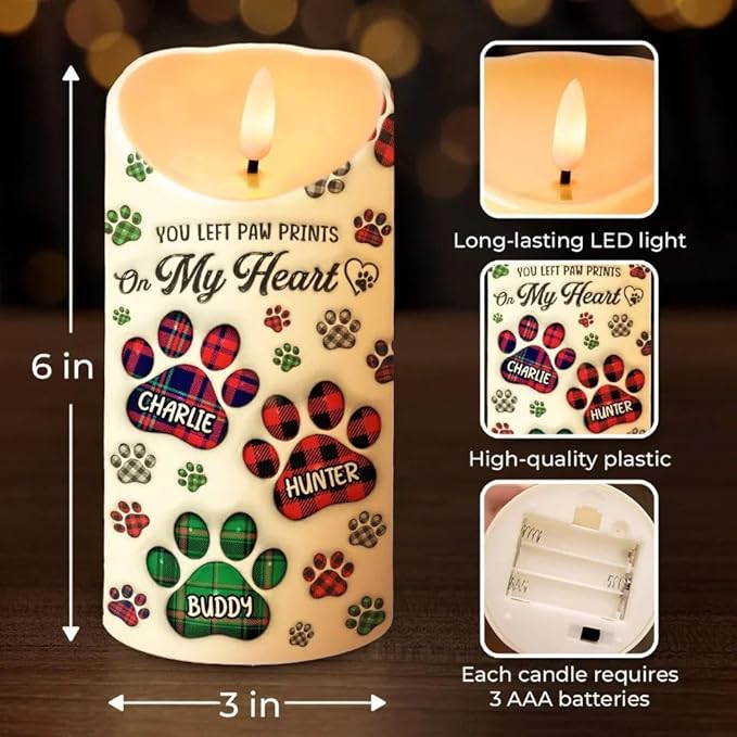 Personalized You Left Paw Prints On My Heart Memorial Led Candle Decor For Dog Mom & Dad On Pet Birthday & Memorial Remembrance Gift