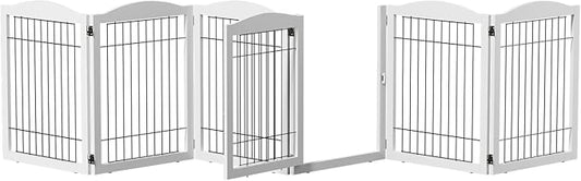 Bonnlo Freestanding Dog Gate, Pet Gate with 6 Panel Walk Through Door, Foldable Dog Safety Fence for Stairs Doorways Fireplace Up to 146'' Wide (White, 30" H-6 Panels with Door)