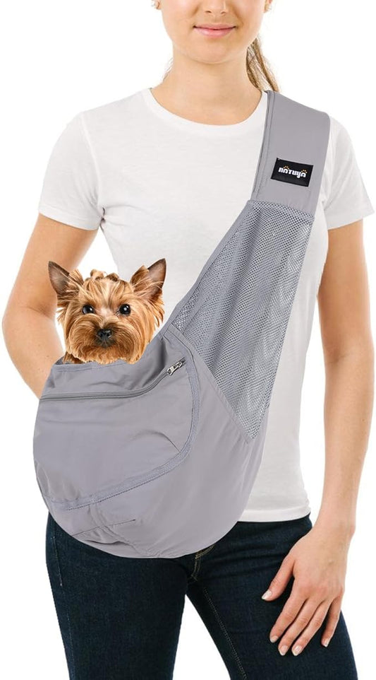 NATUYA Small Dog Sling Carrier - Lightweight & Cozy Breathable Mesh Pet Purse for Puppy Under 15 lbs - Zipper Pocket, Adjustable Strap for Hands-Free Travel Hiking Doggy Bag